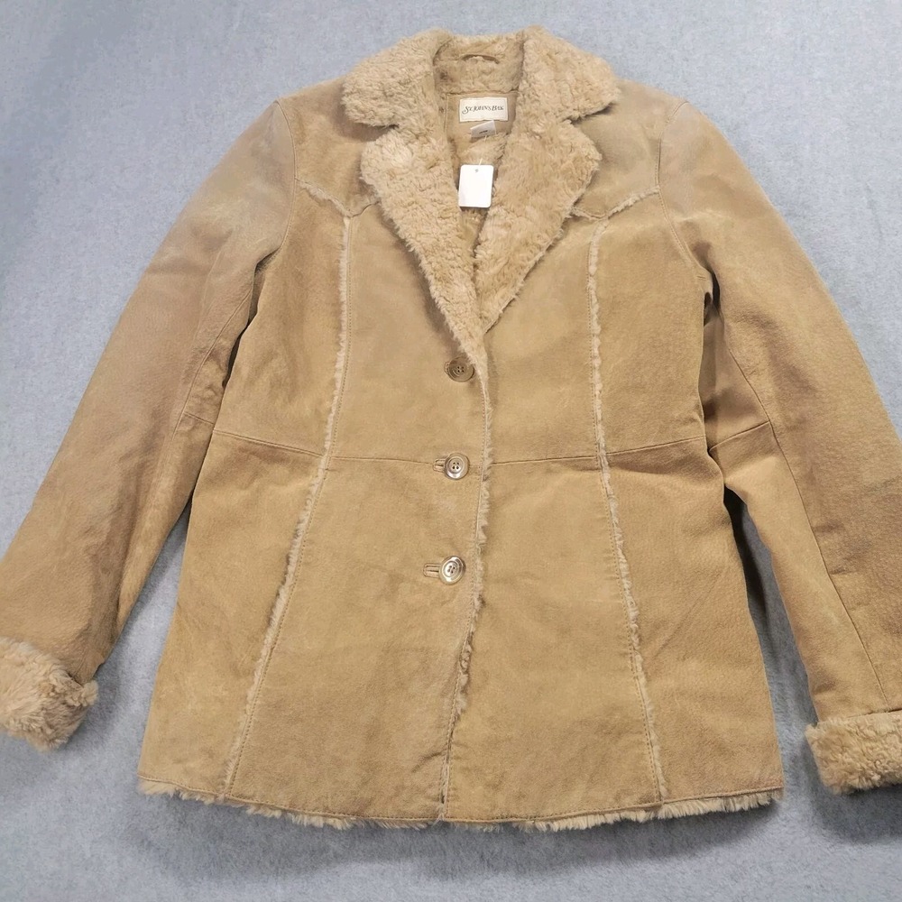 St Johns Bay Tan Suede Leather Faux Shearling Trim Button‎ Front Jacket Medium